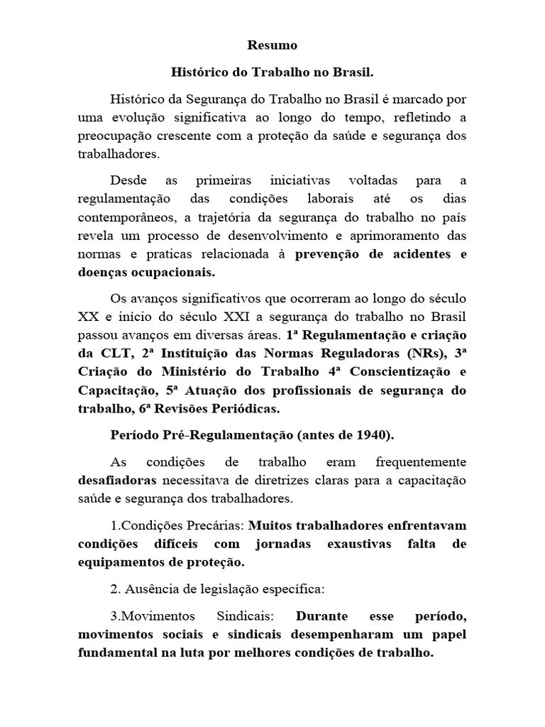 Resumo Histórico Da Segurança Do Trabalho No Brasil. | PDF | Sindicato ...