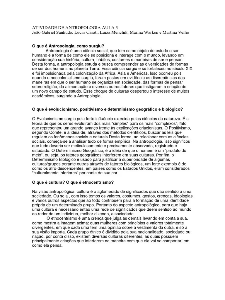 ATIVIDADE DE ANTROPOLOGIA AULA 3 | PDF | Antropologia | Science