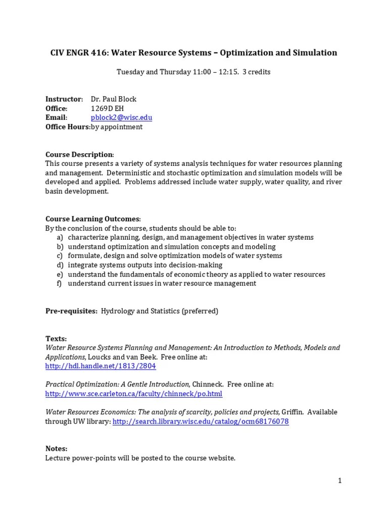 Water Resources Systems Analysis Syllabus 2 | PDF | Mathematical Optimization | Simulation