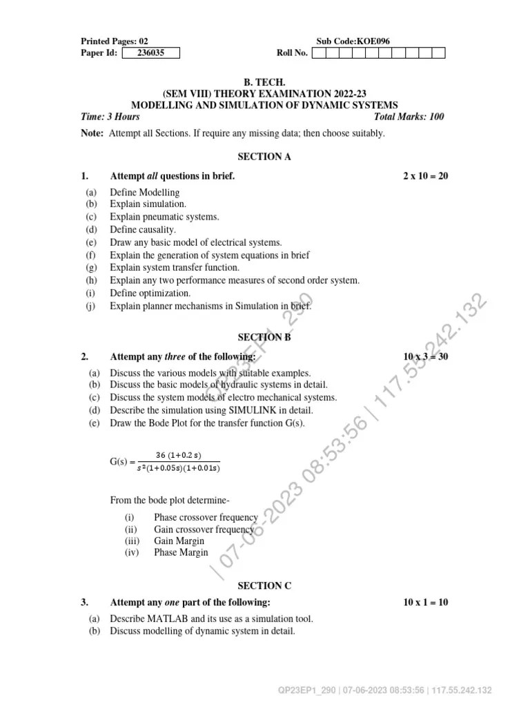 B.Tech Dynamic Systems Exam | PDF | Simulation | Dynamical System