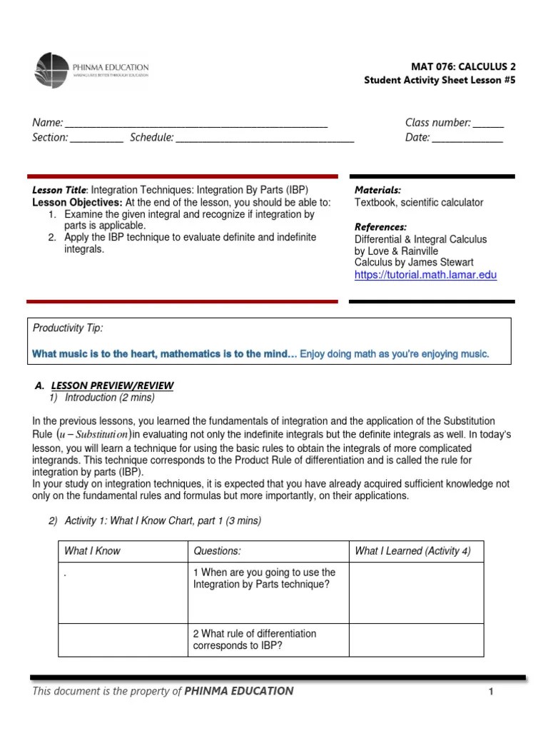 Lesson 5 Integration Techniques Integration By Parts IBP | PDF ...
