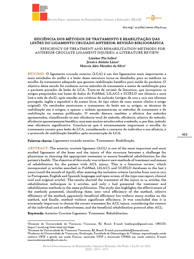 Eficiência Dos Métodos De Tratamento E Reabilitação Das Lesões Do Ligamento Cruzado Anterior ...