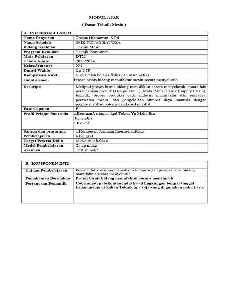 Modul Ajar Dasar Teknik Mesin Kelas X | PDF