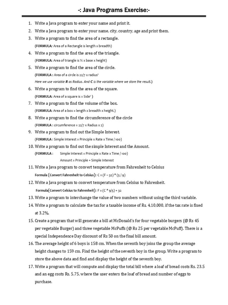 Basic JAVA Programs Worksheet For Beginners | PDF | Area