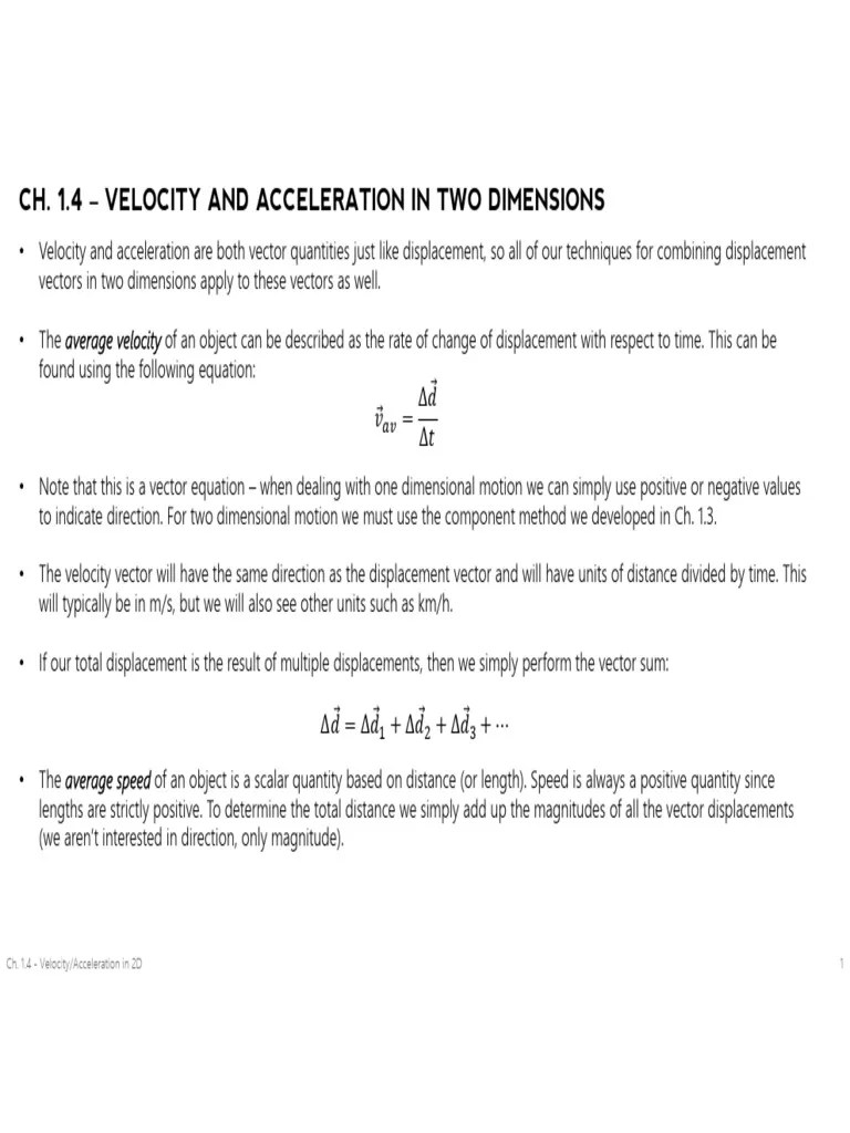 SPH4U - 2021W - Ch. 1.4 - Velocity And Acceleration In 2D | PDF | Velocity | Euclidean Vector