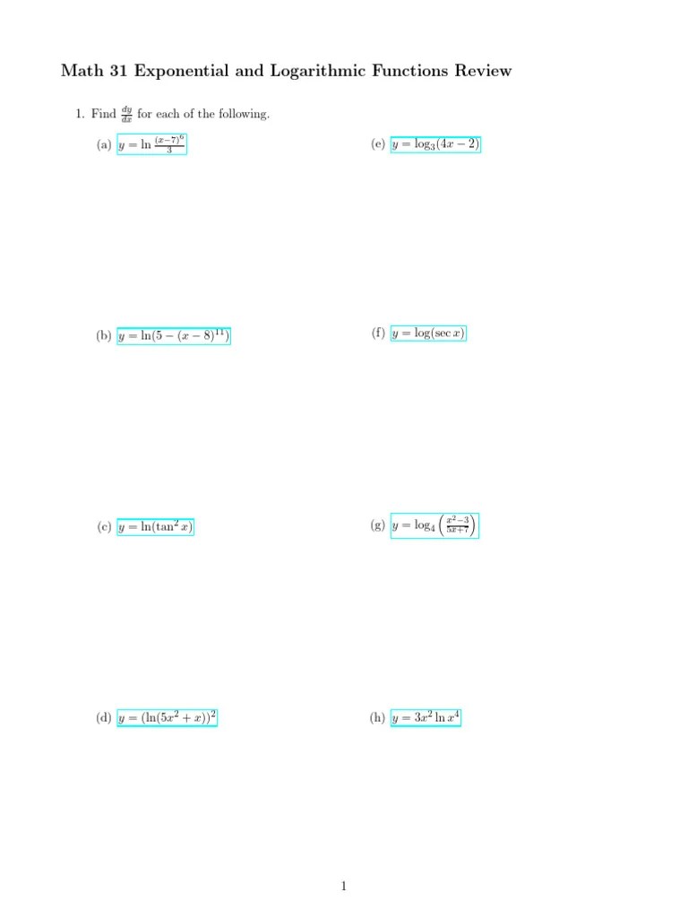 Math 31 Logs And Exps Review | PDF | Tangent | Exponential Function