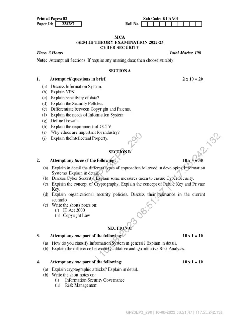 Mca 2 Sem Cyber Security Kcaa01 2023 | PDF | Security | Computer Security