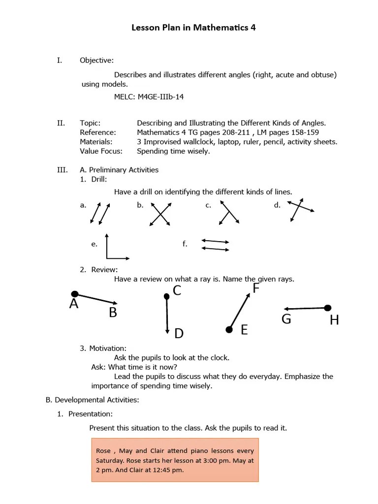 Lesson Plan In Mathematics 4 | PDF | Angle | Cognition