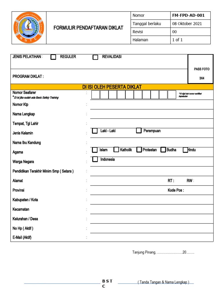 Formulir Pendaftaran Diklat Keterampilan Pelaut | PDF