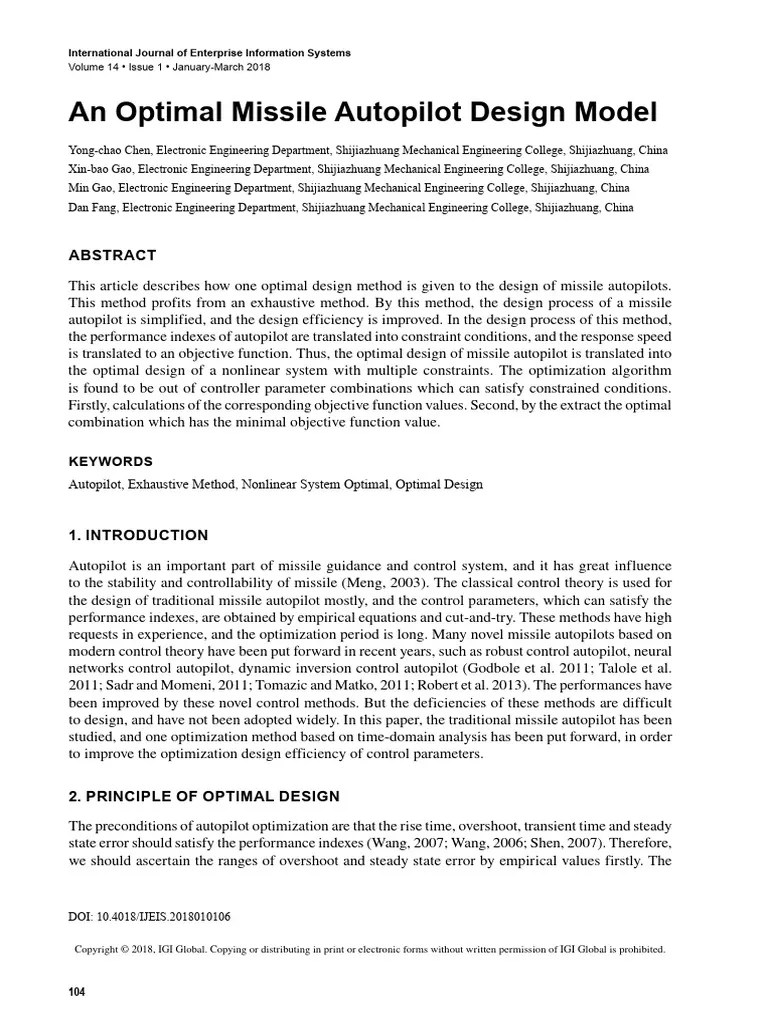 An Optimal Missile Autopilot Design Model | PDF | Mathematical ...