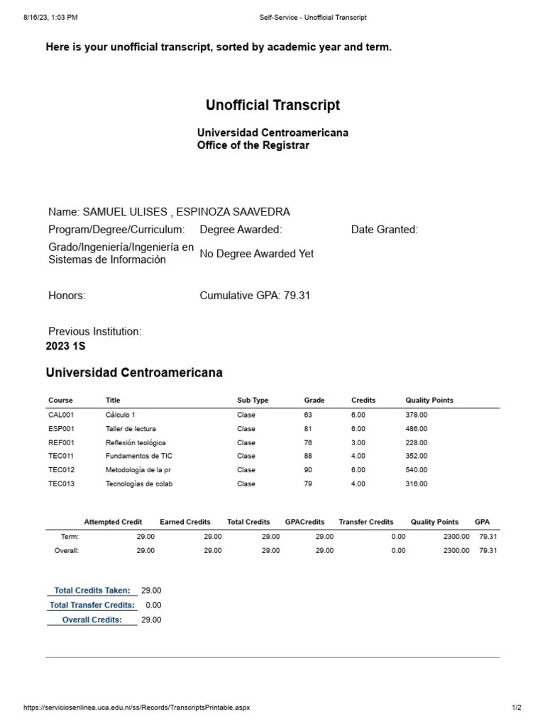 Self-Service - Unofficial Transcript | PDF | Student Assessment And Evaluation | Educational ...