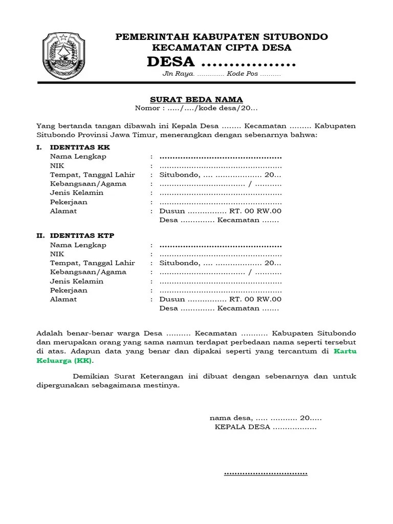 Surat Keterangan Beda Nama | PDF