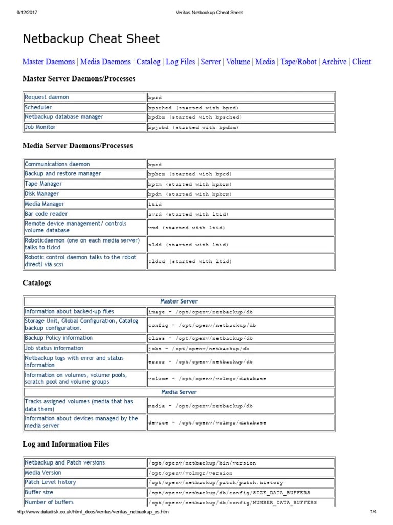 Veritas Netbackup Cheat Sheet | PDF | Backup | Data