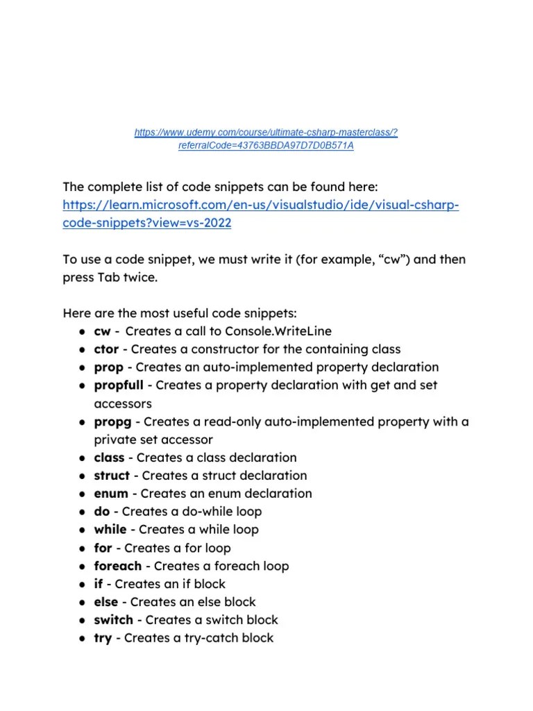 Ultimate C# Masterclass - Useful Code Snippets | PDF