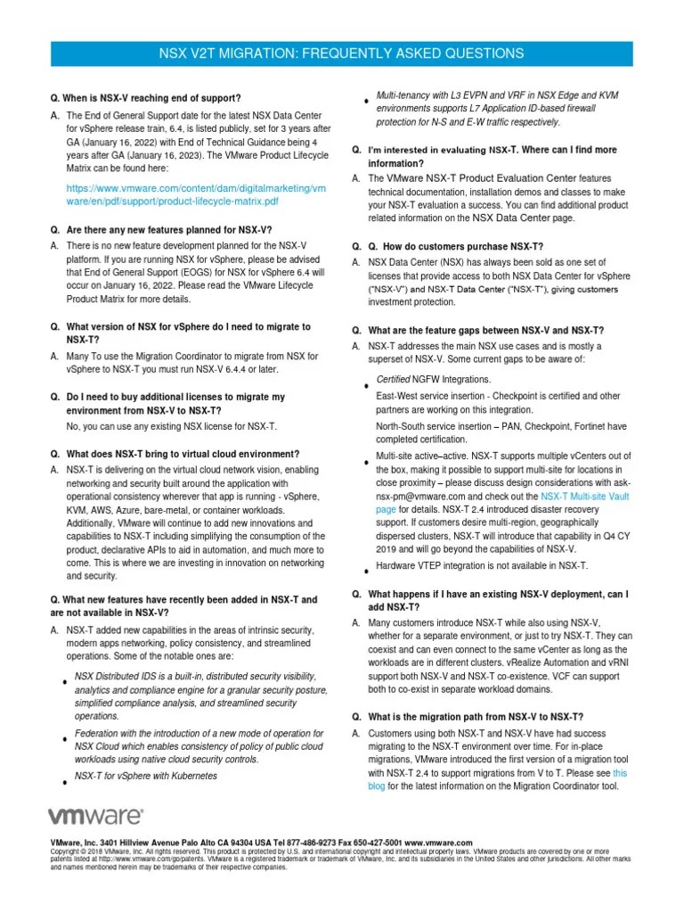 VMware NSX V2T Migration FAQ EN | PDF | Cloud Computing | Trademark