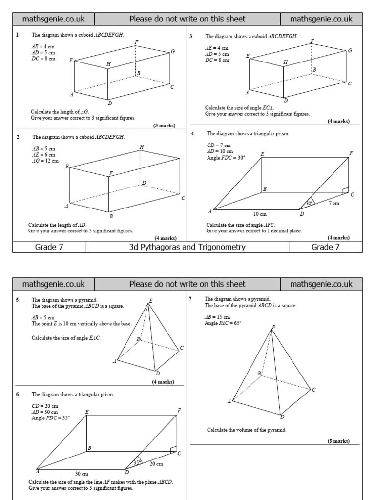 7 3d Pythagoras And Trigonometry Ws | PDF | Euclidean Plane Geometry ...