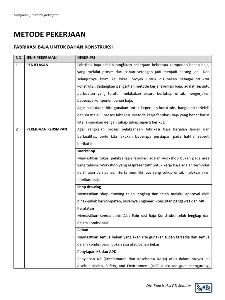 METODE PEKERJAAN - FABRIKASI BAJA KONSTRUKSI | PDF