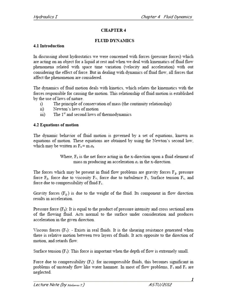 Chapter-4 Fluid Dynamics | PDF | Fluid Dynamics | Force