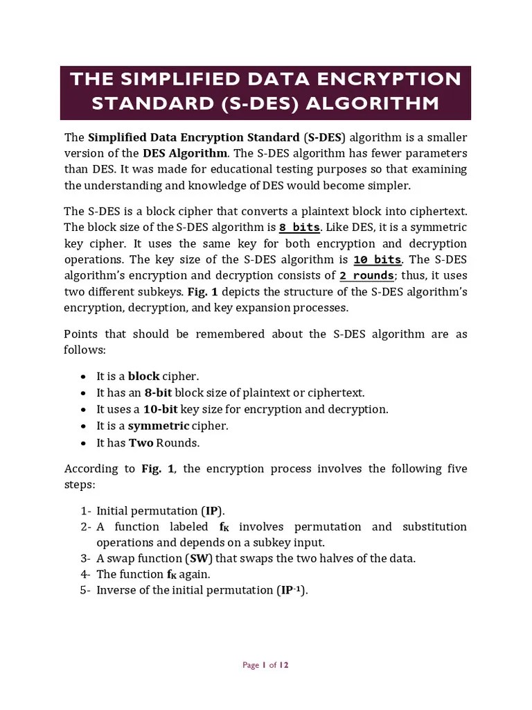 Simplified Data Encryption Standard (S-DES) | PDF | Cipher | Computer ...