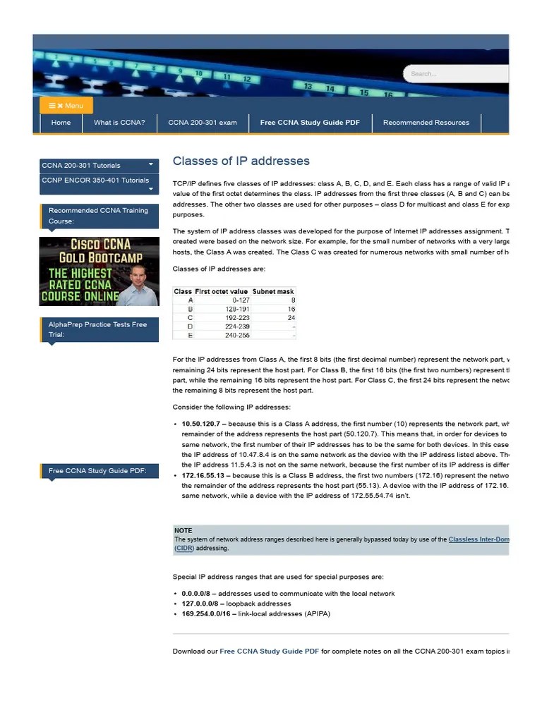 Classes Of IP Addresses | PDF | Ip Address | Cisco Certifications