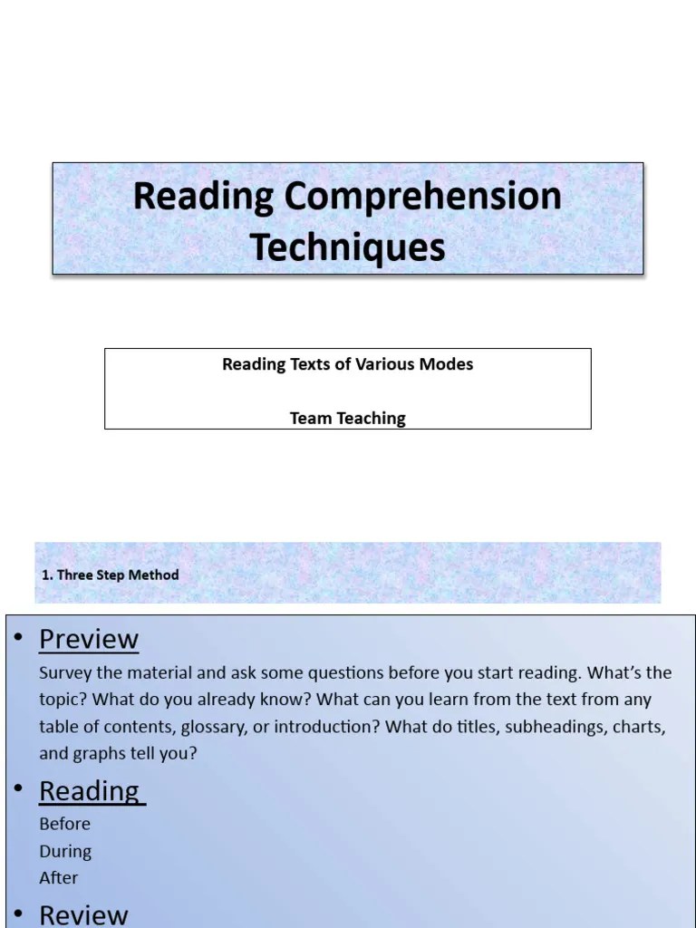 Reading Comprehension Techniques | Download Free PDF | Speed Reading | Reading Comprehension