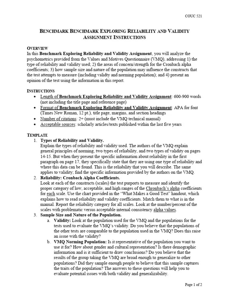 Benchmark Exploring Reliability And Validity Assignment Instructions | Download Free PDF ...