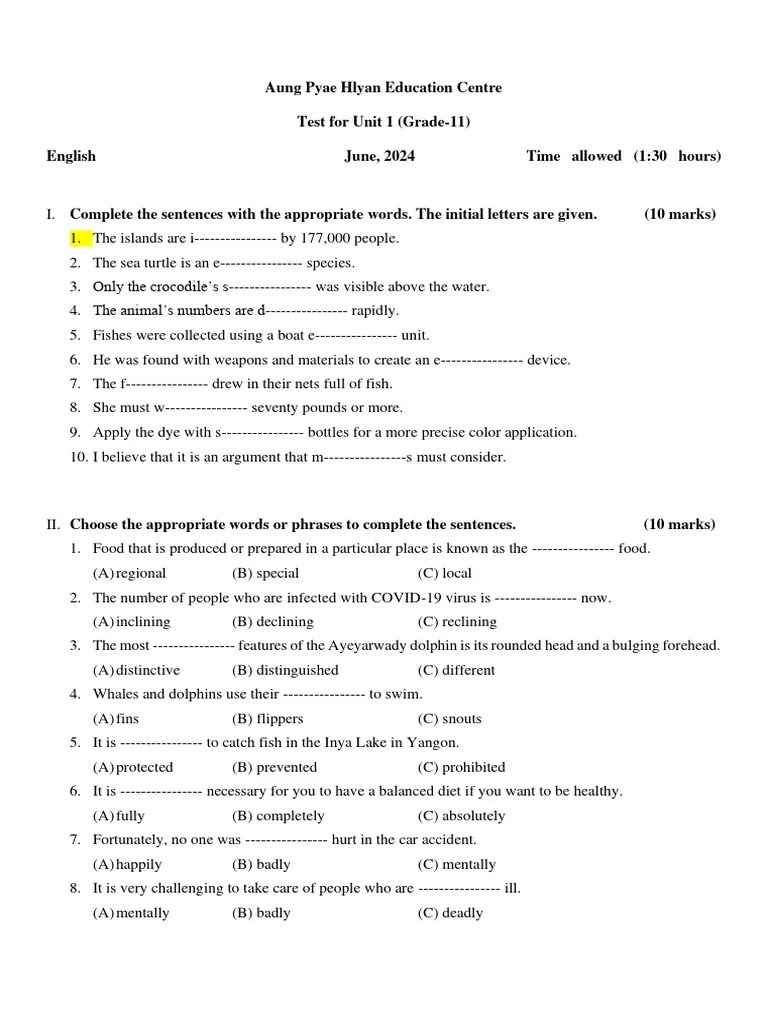 Grade 11 Unit 1 Test | PDF