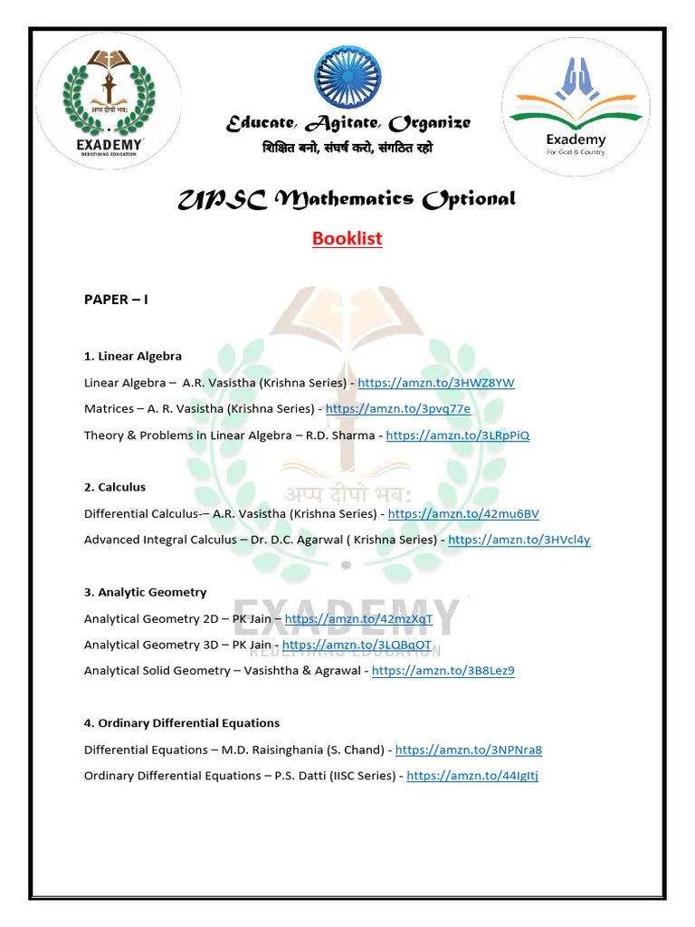 Booklist For UPSC Mathematics Optional | PDF | Mathematical Analysis ...
