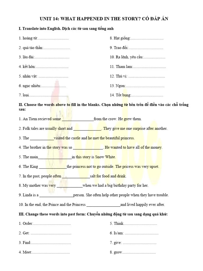 Bai Tap Tieng Anh Lop 5 Unit 14 What Happened In The Story | PDF