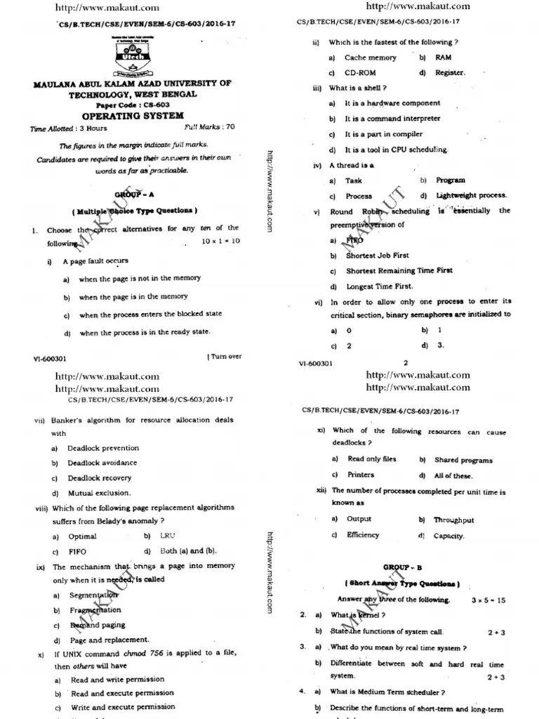 Btech Cse 6 Sem Operating System 2017 | PDF