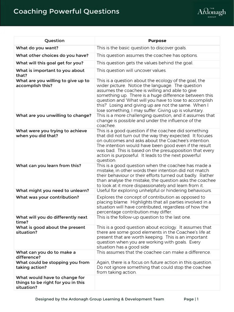 Coaching - Powerful Questions | PDF | Question | Behavior Modification