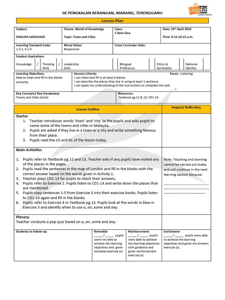 Lesson Plan English | PDF | Teachers | Learning