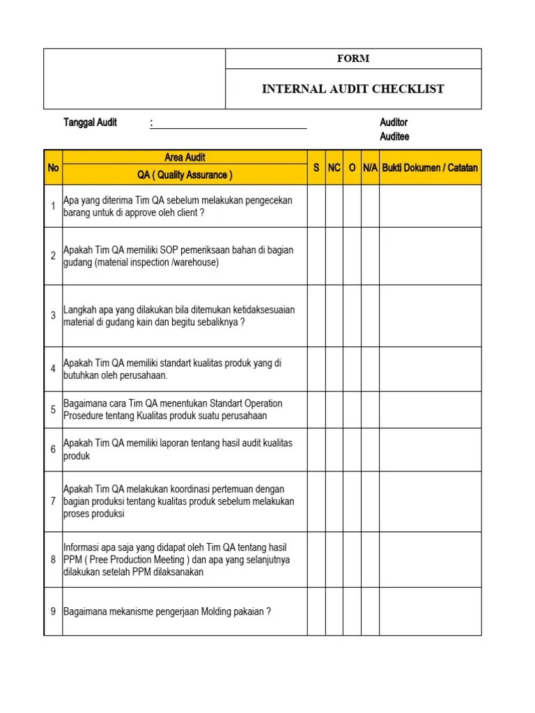 QA_CHECKLIST AUDIT INTERNAL | PDF