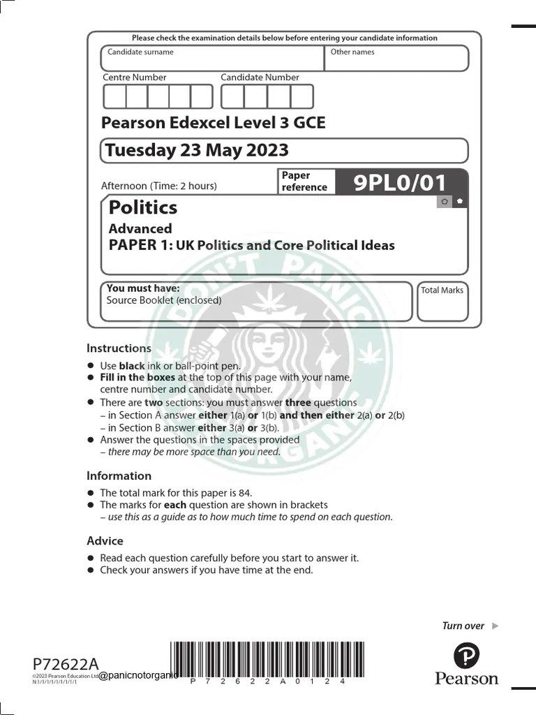 Edexcel A Level June 2023 Politics 9PL0 Question Paper 1 | PDF