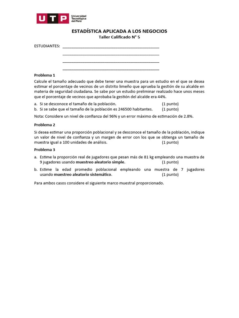 Taller 5 EAN - Tamaño De Muestra Y Tipos De Muestreo | PDF | Muestreo ...