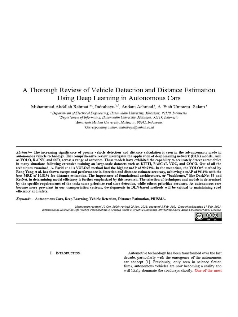 JOIV - Template - A Thorough Review Of Vehicle Detection And Distance Estimation Using Deep ...