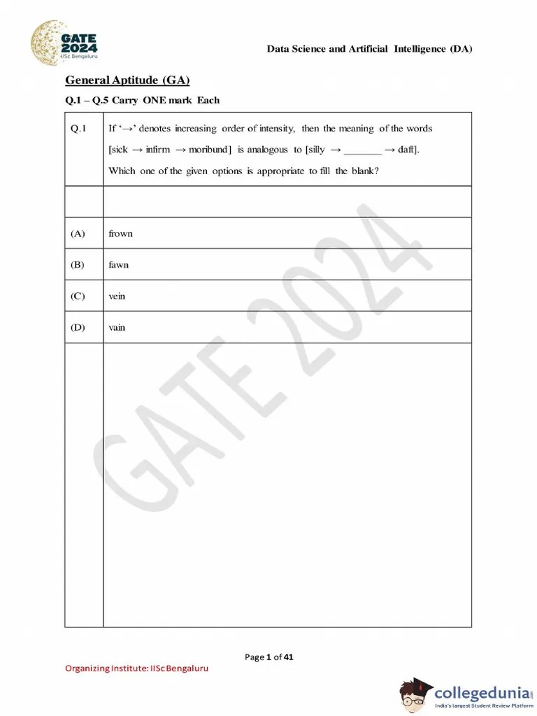GATE 2024 Data Science And Artificial Intelligence Question Paper | PDF