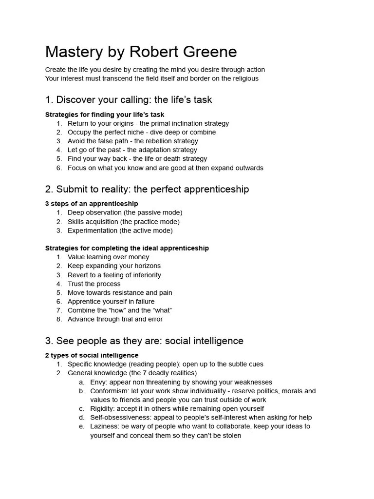 Mastery By Robert Greene - Notes | PDF | Knowledge | Mind