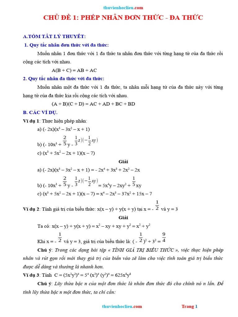 GA Day Them Toan 8 Chu De 1 Phep Nhan Da Thuc Don Thuc | PDF