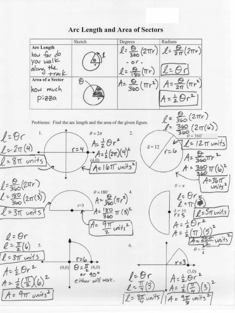 Arc Length And Area Of Sectors - Key | PDF | Rotation | Trigonometry