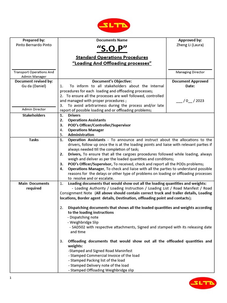 SOP - Loading And Offloading | PDF | Cargo | Truck