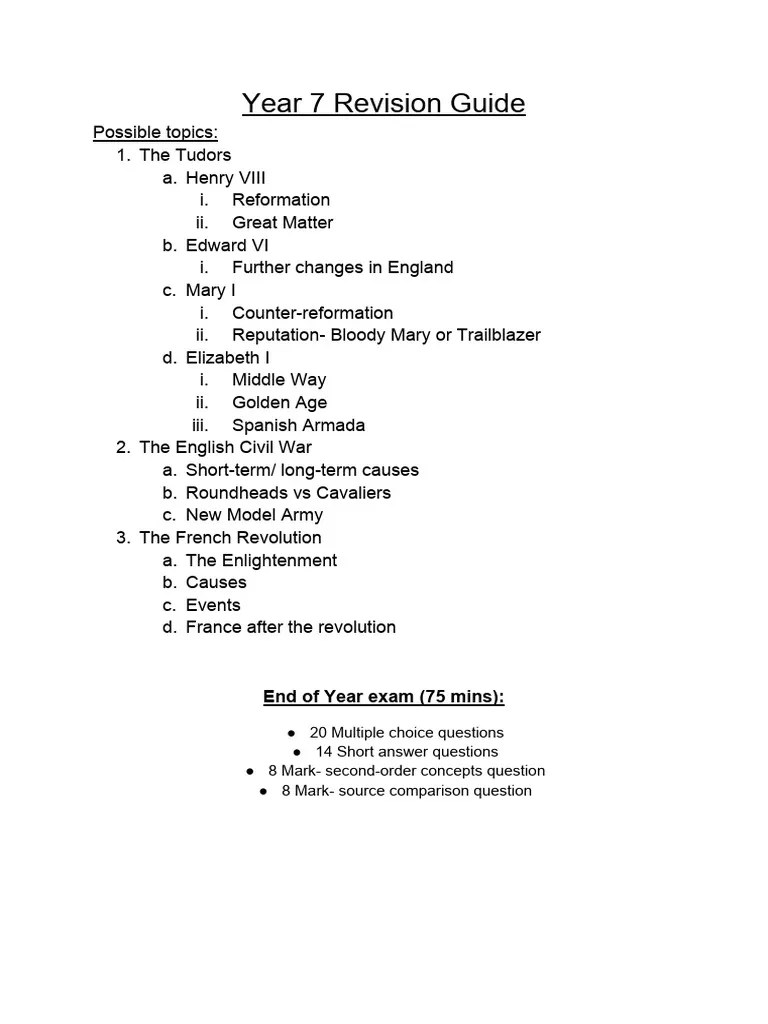 Year 7 Revision Guide | PDF | French Revolution | House Of Tudor