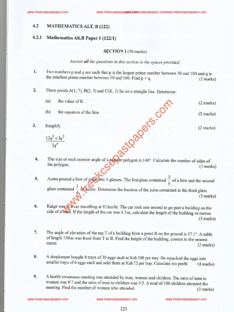 Kcse 2022 Maths Alt.b Pp1 Pp2 Questions | PDF