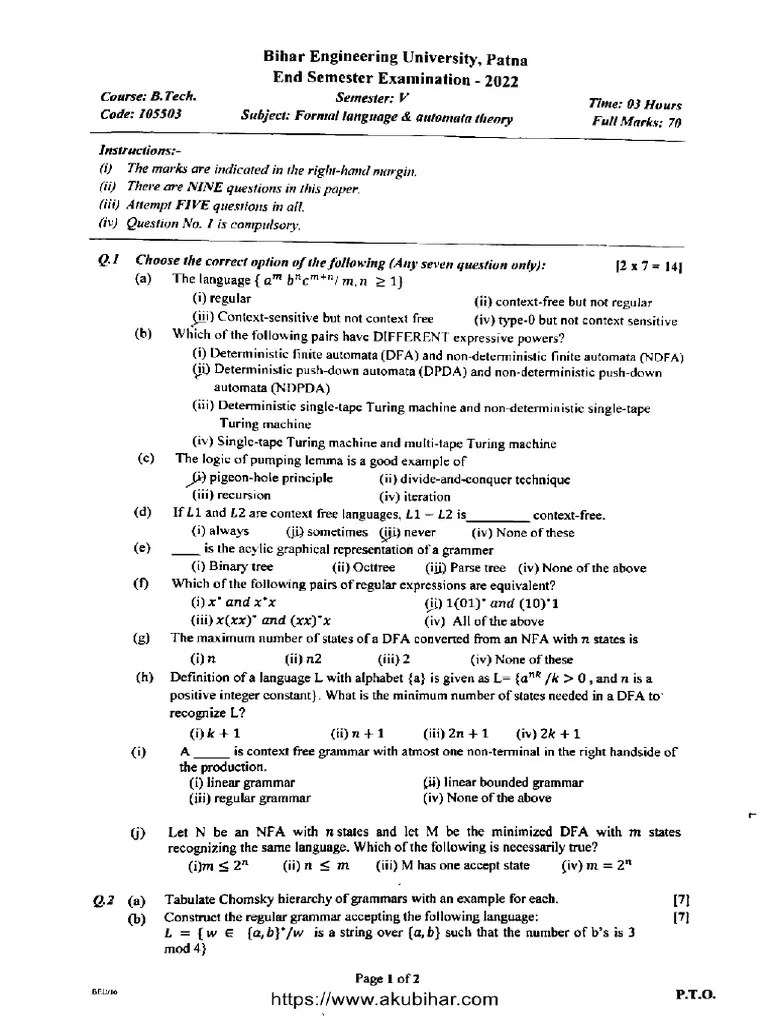 Btech 5 Sem Fromal Language And Automata Theory 105503 2022 | PDF