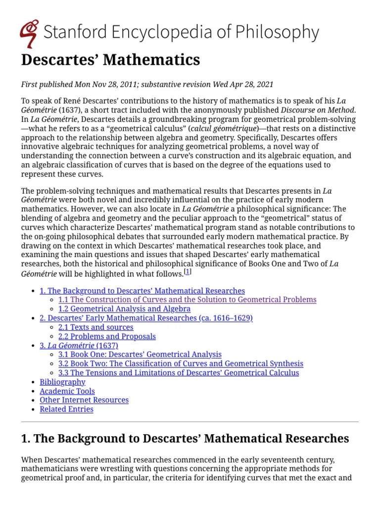 Descartes' Mathematics (Stanford Encyclopedia Of Philosophy) | PDF | Geometry | Equations