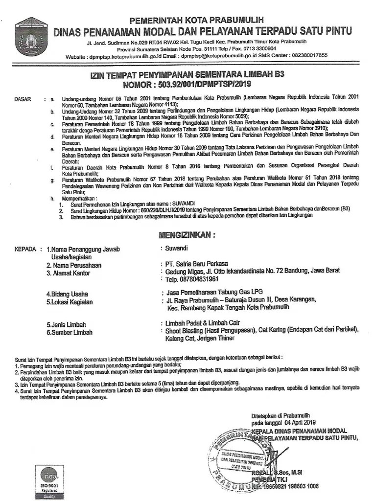 Izin Tempat Penyimpanan Sementara Limbah B3 | PDF