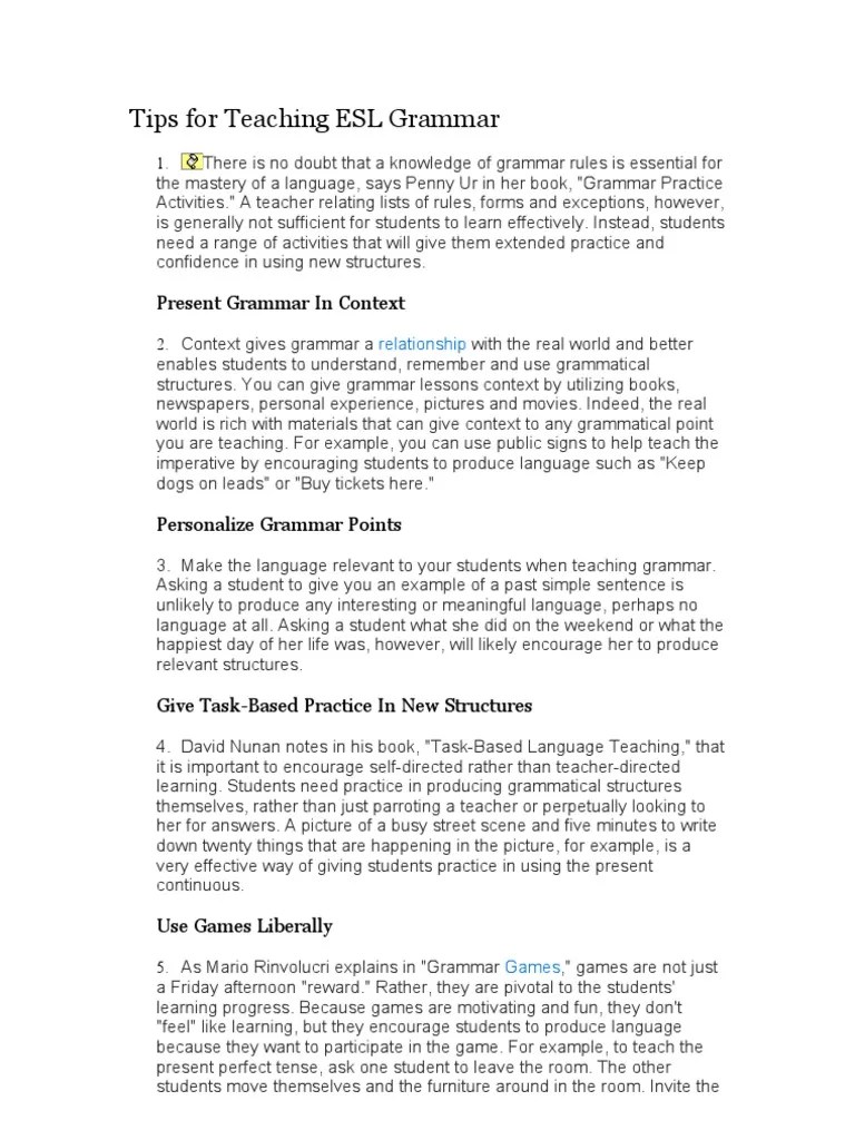 Tips For Teaching ESL Grammar | PDF | Grammar | Sentence (Linguistics)