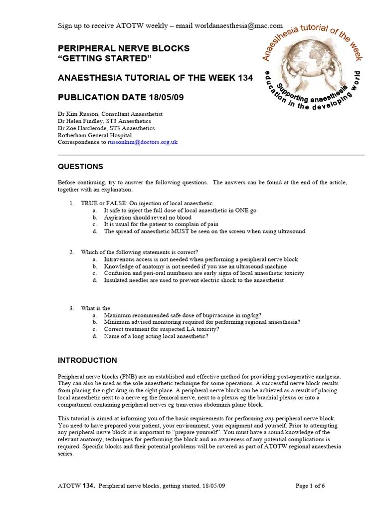 134 Peripheral Nerve Blocks, Getting Started | Download Free PDF | Anesthesia | Intravenous Therapy