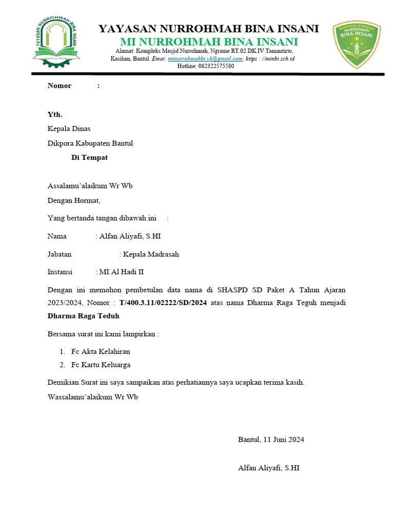 Surat Permohonan Pembetulan Nama SHASPD | PDF