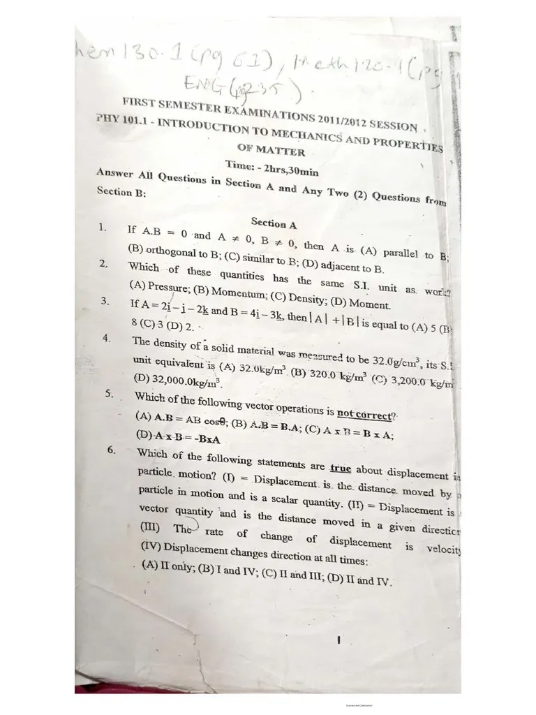 PHY101.1 Past Questions | PDF